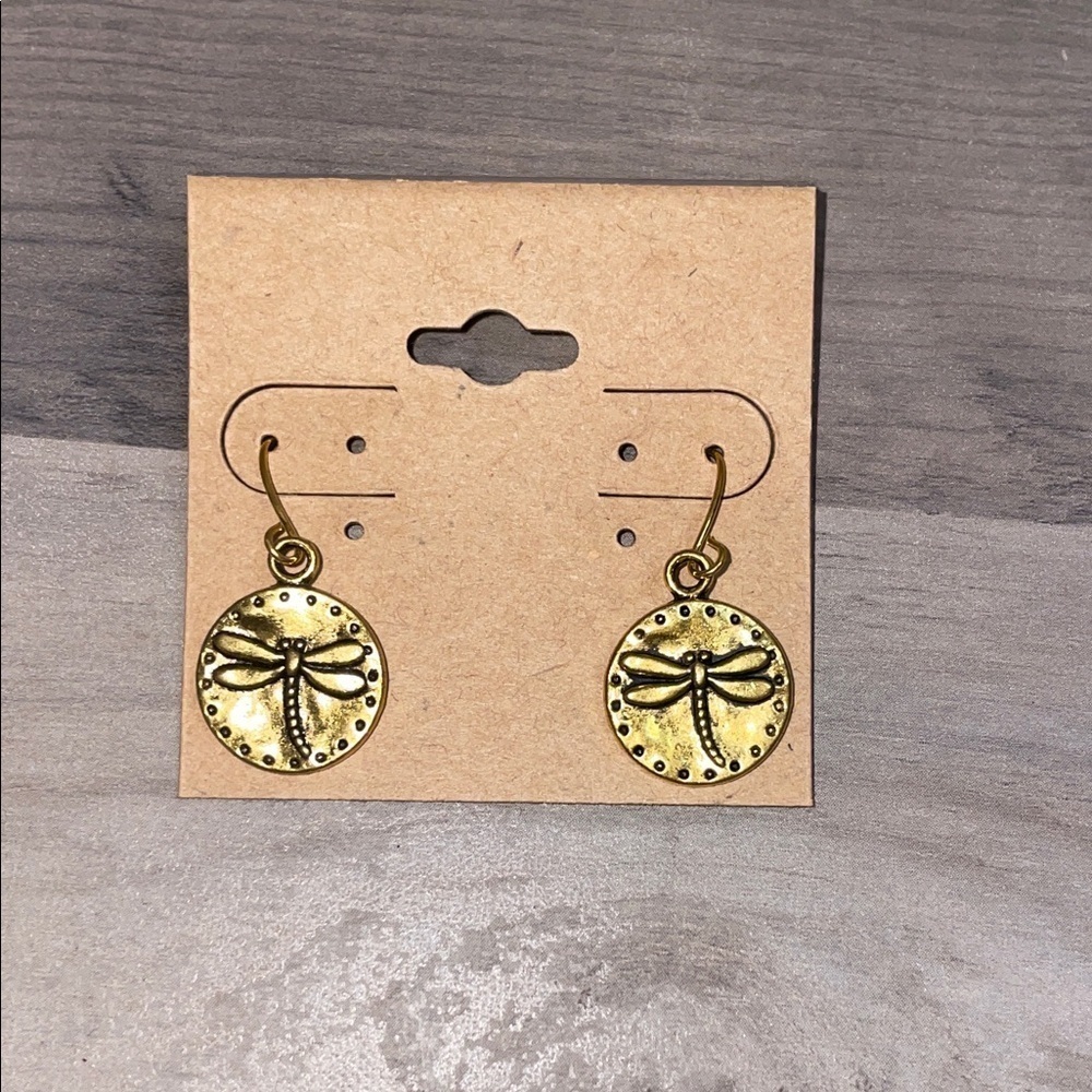 Boutique women’s earrings Gold tone metal Dragonfly design hook back new